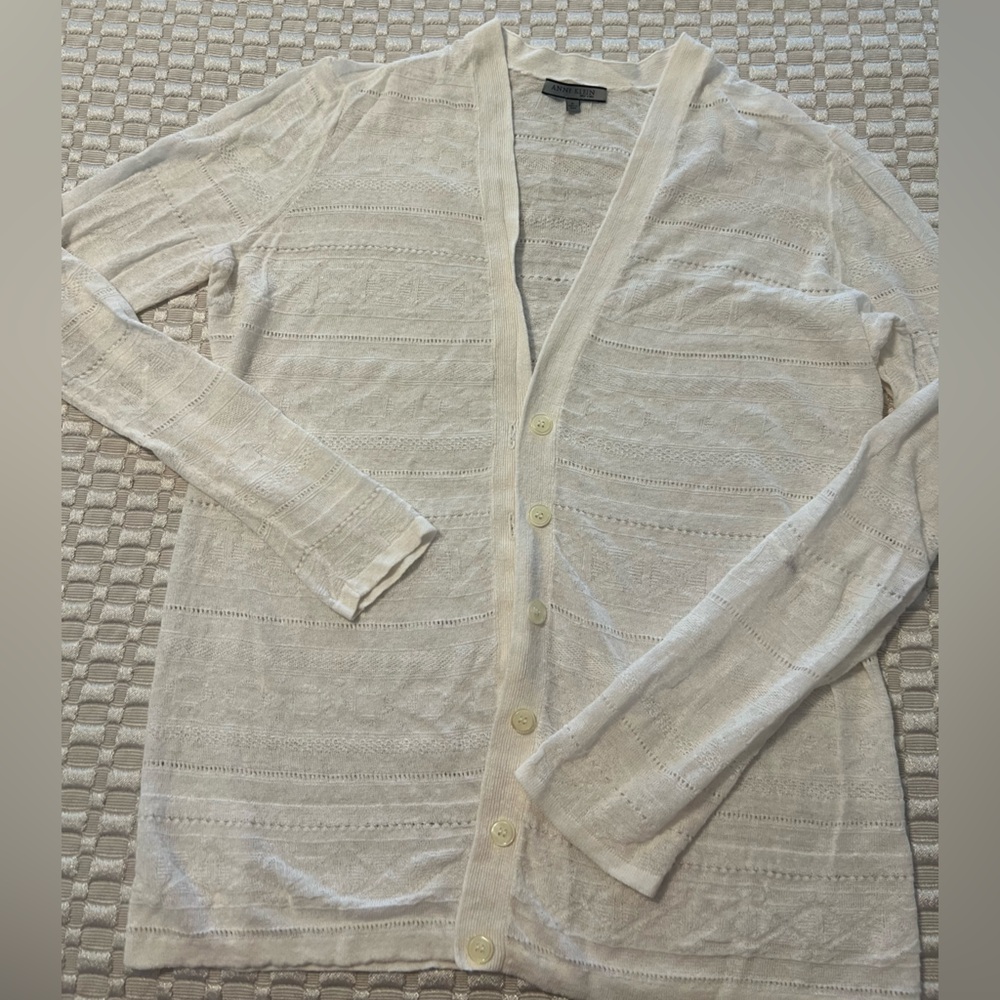 Anne Klein fine pointelle knit cardigan. White. Size M